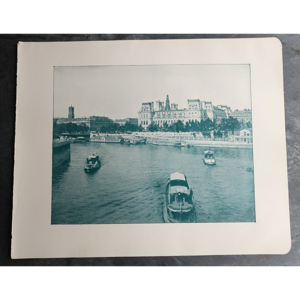 River Seine Hotel de Ville Paris France Antique Print 11" x 13.5"